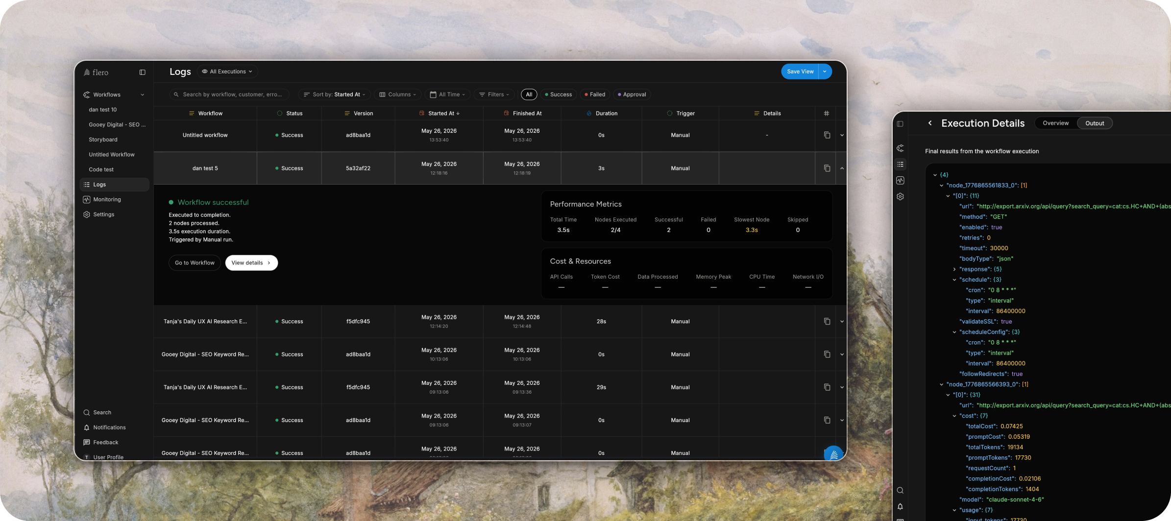 Flero workflow logs and execution details